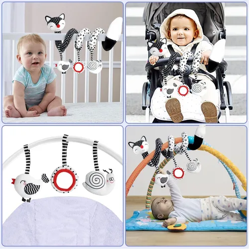 Miniatura 5 de XIXILAND Juguetes de peluche en espiral para bebé, juguetes de asiento de coche en blanco y negro, juguete de alto contraste para bebés recién
