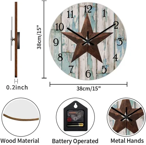 Miniatura 2 de Reloj de pared vintage con estrella de Texas occidental de madera rústica, sin tictac, silencioso, funciona con pilas, fácil de leer, elegante reloj