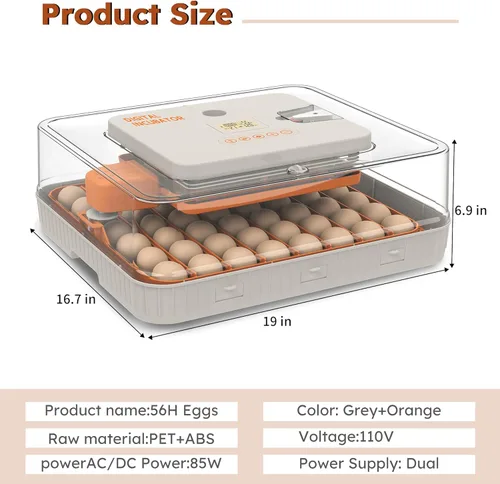 Miniatura 2 de Incubadora de huevos para incubar 56 huevos de pollo, pato, codorniz y ganso - Girador automático de huevos, control de humedad y temperatura, vela