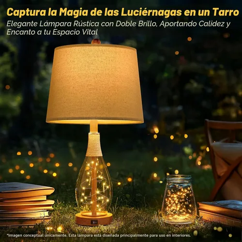 Miniatura 4 de OYEARS Juego de 2 lámparas de mesita de noche con USB, modernas lámparas de noche retro de cristal de ratán para dormitorio, sala de estar