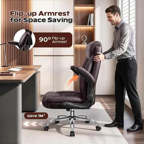 Miniatura 7 de Silla de oficina, Silla de escritorio ergonómica de respaldo alto para oficina en casa, Silla de oficina grande y alta de cuero transpirable con Café