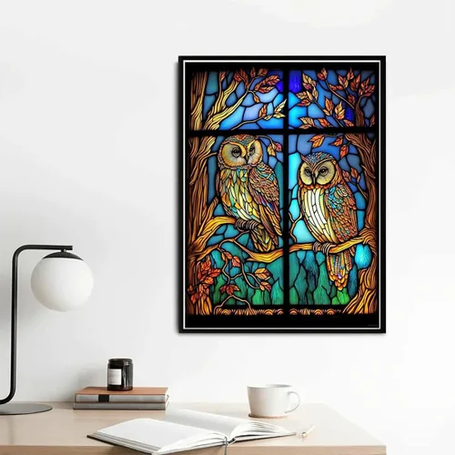 Miniatura 2 de YEEIFFD Kits de pintura de diamantes de búho de vidrieras, arte de diamantes para adultos, pintura de gema 5D, búho con diamante por número