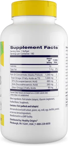 Miniatura 2 de Healthy Origins Aceite de pescado Omega 3 de triple fuerza de 1250 mg, 180 cápsulas blandas – Abadejo de Alaska silvestre de origen – Ácidos grasos