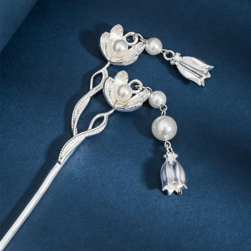 Miniatura 5 de Hotan Jade S925 - Horquilla chapada en plata con perla y flor de ciruelo, palillos de pelo estilo Hanfu chino, estilo retro hecho a mano, accesorios