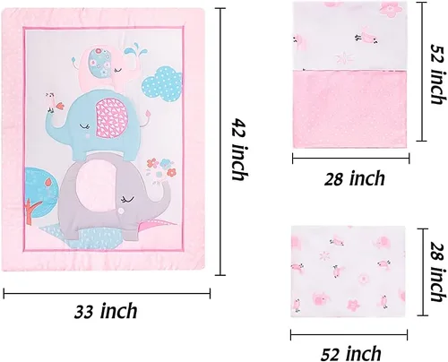 Miniatura 3 de Luxanna Juego de ropa de cama para cuna, 3 piezas, diseño de elefante rosa, con edredón para bebé, sábana bajera para cuna, falda de cuna para niñas