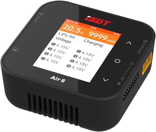 ISDT Cargador de batería Air8 Lipo, cargador de equilibrio descargador 20A 500W DC 1-8S Pantalla LCD Digital Smart Battery Balance Cargador Li-Po
