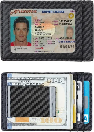 Miniatura 8 de Travelambo Clip para dinero para hombre, de piel, delgado, minimalista, con bloqueo RFID (tejido negro), Tejido negro, Minimalista