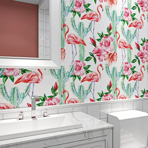 Miniatura 4 de ReWallpaper Papel tapiz de flamenco rosa con cactus tropical, para despegar y pegar, extraíble, de 17.5 x 10 pies, papel de contacto floral