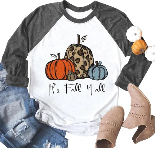 Miniatura 3 de Myhalf camisetas de Acción de Gracias para mujer con impresión en inglés It's Fall Y'all, divertidas calabazas con gráfico en la parte superior