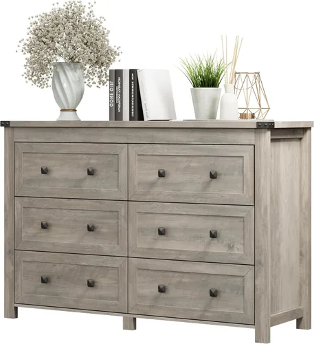 Miniatura 22 de Cómoda para dormitorio con 6 cajones, cómoda de madera de granja, soporte de TV ancho con mango de metal, organizador de ropa moderno para pasillo