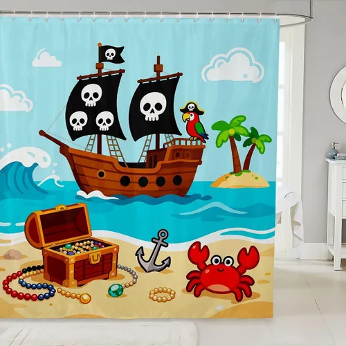 Miniatura 11 de Cortina de ducha de barco pirata de dibujos animados, 72 pulgadas de ancho x 72 pulgadas de largo, bonito sombrero pirata, bandera de calavera