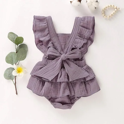 Miniatura 2 de Douhoow Mameluco de bebé niña mameluco con volantes de una sola pieza ropa de lino de algodón