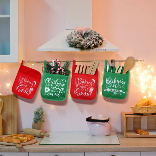 Miniatura 2 de 10 piezas agarraderas de Navidad con bolsillo, agarraderas para ollas, regalo de almohadillas térmicas resistentes al calor, guantes de horno, bolsa