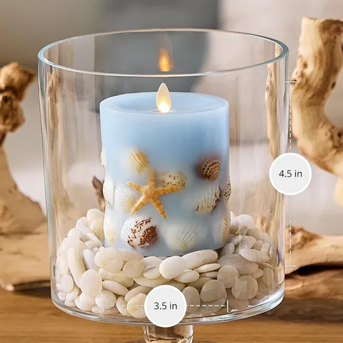 Miniatura 7 de Luminara Vela LED sin llama, de cambray suave, incrustada en concha y estrella de mar, pilar de llama móvil, cera real sin perfume con borde