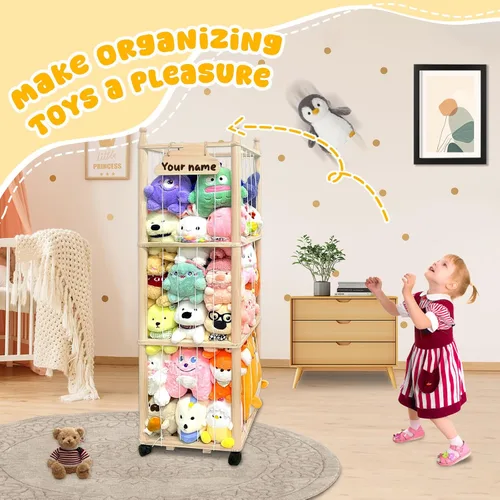 Miniatura 7 de Pmbqifay Organizador de animales de peluche, lindo animal de peluche de madera para almacenamiento de zoológico, jaula de juguetes de peluche