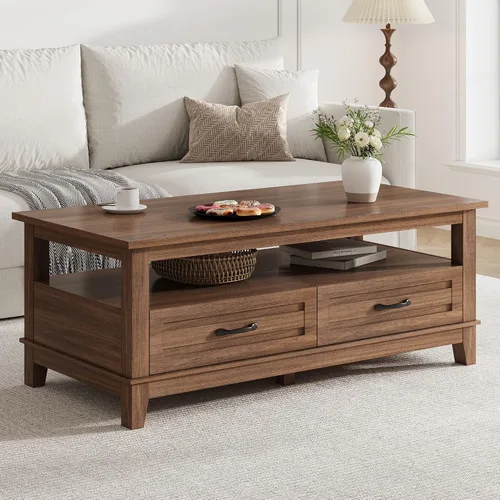 Miniatura 9 de GarveeHome - Mesa de café de estilo granja con cajones, mesa de centro rústica de 47.2 pulgadas, mesa de sala de estar negra, con estante abierto