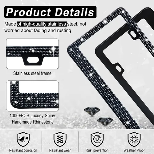 Miniatura 3 de Amiss Marco de matrícula brillante para mujer, 1 paquete de diamantes de imitación hecho a mano de cristal de acero inoxidable de alta calidad, Negro