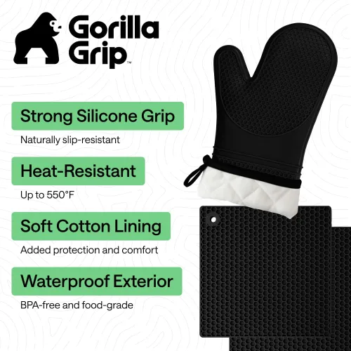 Miniatura 2 de GORILLA GRIP Juego de 4 manoplas de horno de silicona suave sin BPA y soportes para ollas, resistentes al calor, forro de algodón grueso, agarre