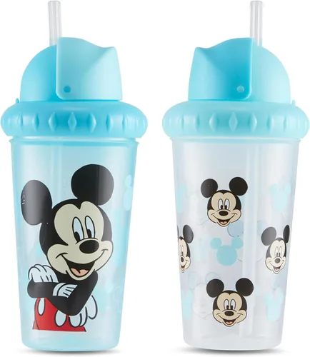 Miniatura 12 de Disney Vasos para sorber para niños y niñas Paquete de dos vasos para sorber de 10 onzas con popote y tapa, botella de agua de viaje azul duradera