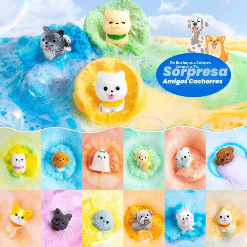 Miniatura 3 de Paquete de 24 bombas de baño para cachorros para niños, cada una con figura sorpresa de perro en el interior, 15 aromas, bombas de baño
