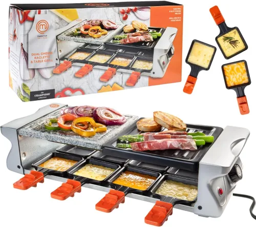 MasterChef Parrilla eléctrica de mesa Raclette con placa antiadherente y piedra de cocina, cocina de mesa para 8 personas para interiores, barbacoa