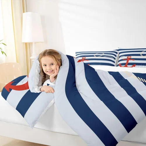 Miniatura 3 de Manfei Juego de edredón con ancla náutica para niños tamaño Twin, juego de ropa de cama con cuerda de cáñamo de rayas azules y blancas para niños