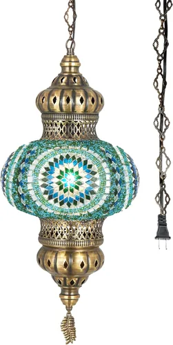 Miniatura 10 de DEMMEX Lámpara colgante de techo con globo de mosaico turco marroquí de 10 pulgadas XL, luz de techo enchufable con cadena y cable de 15 pies