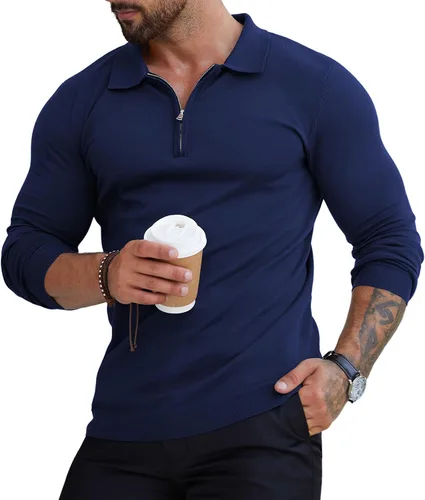Miniatura 12 de RQP Camisas polo con cremallera para hombre, camisas casuales de punto de manga corta/larga, camisas de golf elásticas ajustadas, suéter suave