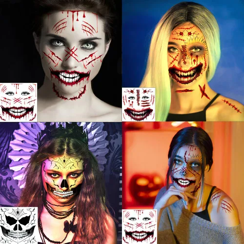 Miniatura 6 de 5 hojas de tatuajes faciales aterradores de Halloween + 1 hoja de tatuaje de cicatrices falsas, tatuaje de boca sangrienta, maquillaje de zombi