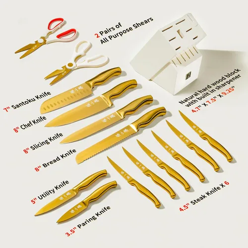 Miniatura 2 de ZHANG XIAO QUAN Juego de cuchillos dorados con bloque blanco, juego de cuchillos de acero inoxidable de alto carbono, afilados como una navaja
