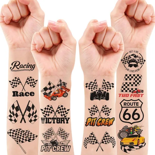 Miniatura 7 de 96 tatuajes temporales de autos de carreras para niños, tatuajes falsos con bandera a cuadros para niños, recuerdos de fiesta de cumpleaños, Normal