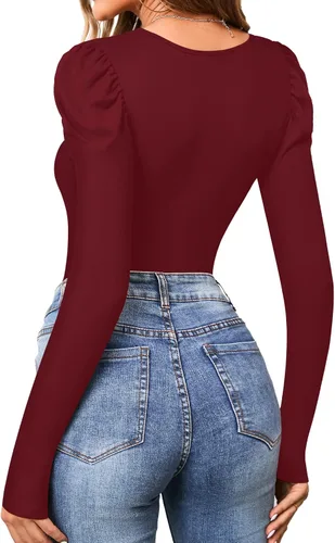 Miniatura 3 de MANGOPOP Body de manga abombada para mujer, cuello cuadrado, traje de cuerpo para mujer, manga larga, camisa, camiseta elegante