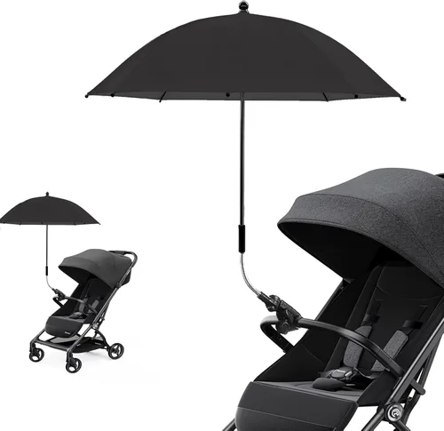 Miniatura 3 de Paraguas universal para cochecito de bebé, paraguas de bicicleta 210T, poliéster resistente al agua 360°, sombra ajustable Negro (Charcoal Black)