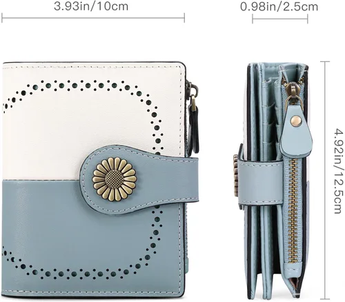 Miniatura 3 de SENDEFN Cartera pequeña de cuero plegable para mujer, con bloqueo RFID y bolsillo para monedas con cremallera, 5-Azul y blanco, Cartera pequeña