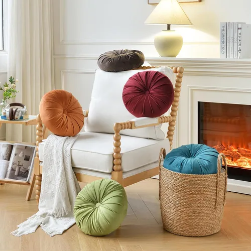 Miniatura 5 de Almohadas plisadas redondas de terciopelo para decoración del hogar, sofá, silla, cama y automóvil, color café oscuro, 13.8 pulgadas