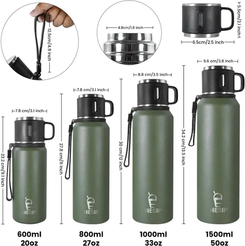 Miniatura 2 de Botella aislada de acero inoxidable, 27 onzas con taza, botella de agua aislada al vacío, termo para bebidas calientes/bebidas frías, viaje con Verde