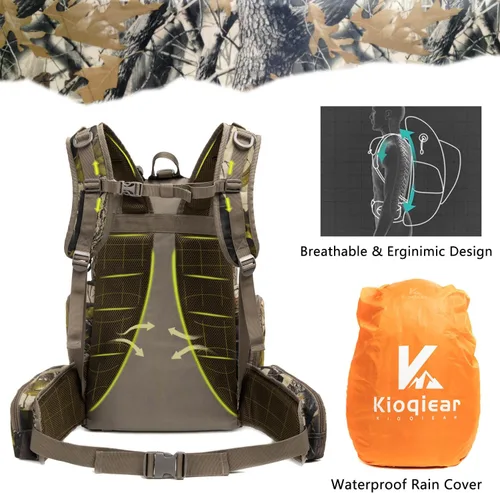 Miniatura 5 de Mochila de caza, equipo de caza al aire libre con cubierta para lluvia, paquete duradero de gran capacidad para el día de caza (camuflaje verde)