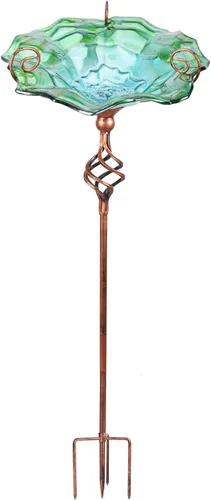 Miniatura 10 de VCUTEKA Comedero y bebedero de cristal para pájaros, para exteriores, baño de pájaros con estaca de metal, decoración de jardín Azul-2