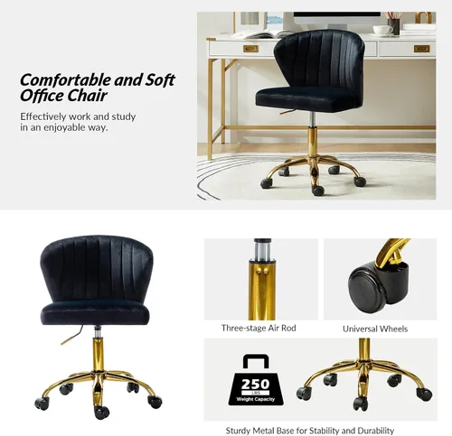 Miniatura 3 de HULALA HOME Silla de escritorio de oficina en casa con ruedas doradas, silla pequeña y bonita con respaldo para dormitorio, silla de trabajo Negro