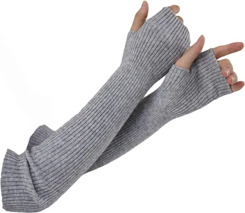 Miniatura 19 de Facecozy Calentadores de brazos para mujer, mezcla de lana de cachemira, guantes largos sin dedos para mujer, guantes para clima frío con agujero