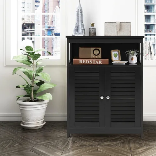 Miniatura 9 de GLACER Gabinete de suelo de baño, armario de almacenamiento de madera con puertas dobles con persiana y estante ajustable de 3 posiciones