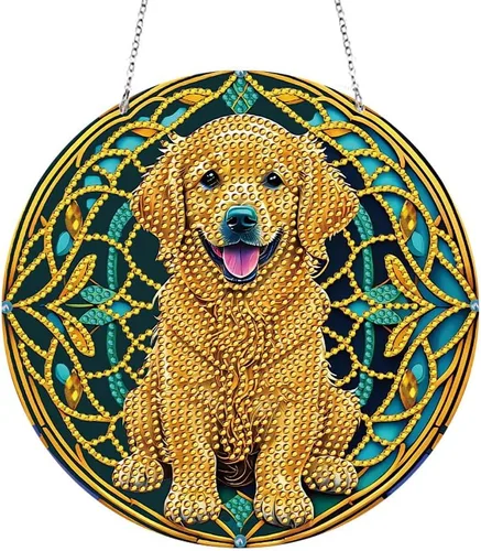 LUSandy Kit de pintura de diamante 5D Golden Retriever DIY para colgar en la pared, letrero de arte para perro, diamante, atrapasoles, adorno