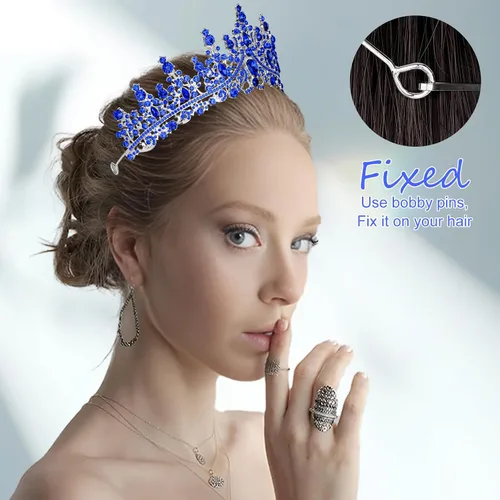 Miniatura 4 de CURASA Coronas de reina de cristal azul real, hermosas tiaras para princesas y niñas, coronas de cumpleaños para mujeres, exquisitos accesorios