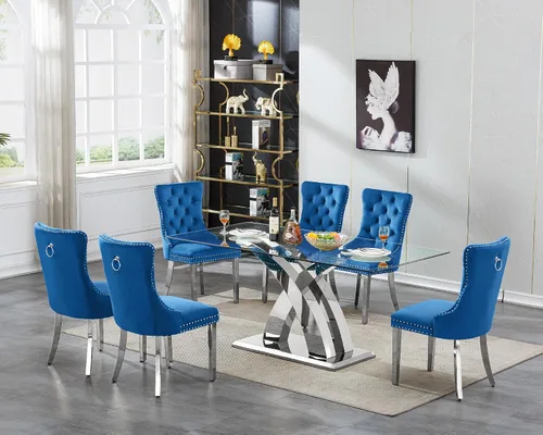 Miniatura 28 de Mesa de comedor de cristal para 6-8 personas, mesa rectangular de comedor de cocina de 70 pulgadas con tapa de vidrio templado y base de acero