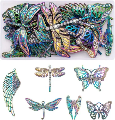 12 dijes de filigrana de mariposa de aleación de color arco iris, colgantes grandes, colgantes de ala hueca, adorno de metal grabado al agua fuerte