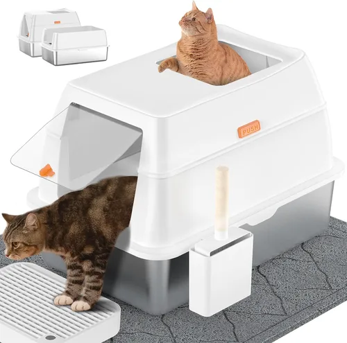 Miniatura 8 de Caja de arena de acero inoxidable con tapa, caja de arena para gatos de entrada frontal y salida superior, caja de metal cerrada extragrande