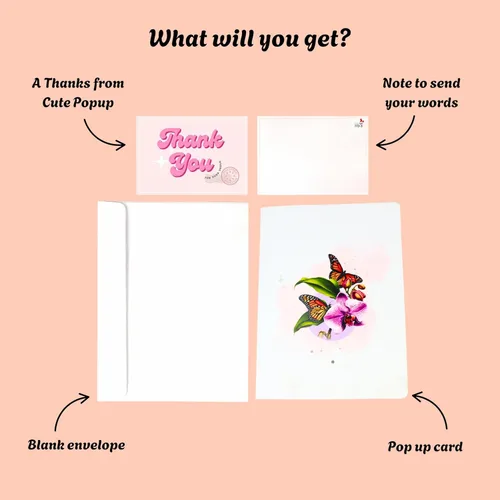 Miniatura 4 de CUTE POPUP Tarjeta de agradecimiento 3D emergente de orquídea y mariposa, elegante tarjeta de felicitación floral para mujeres, mamá, amiga