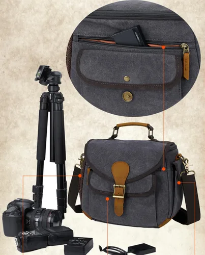 Miniatura 6 de Bolsa cruzada para cámara, bolso bandolera para cámara, estilo vintage, DSLR/SLR, sin espejo, para fotografía con Canon/Nikon/Sony (negro)