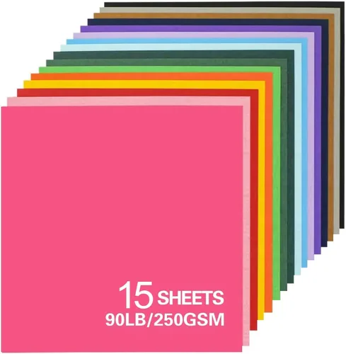 Cartulina de 12 x 12 pulgadas, 15 hojas de cartulina de colores surtidos de 24 colores, papel colorido de 90 lb/250 g/m² para máquina Cricut,