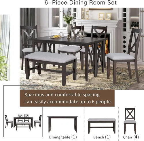 Miniatura 4 de Merax Juego de mesa de comedor de 6 piezas, mesa plegable de madera de 60 pulgadas con 4 sillas tapizadas y banco, juego de mesa de comedor